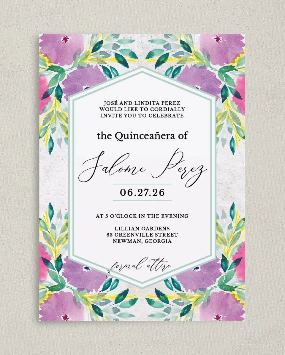 This is a 5" x 7" Quinceanera Invitation called Watercolor Wow printed in full color on Premium Smooth paper
