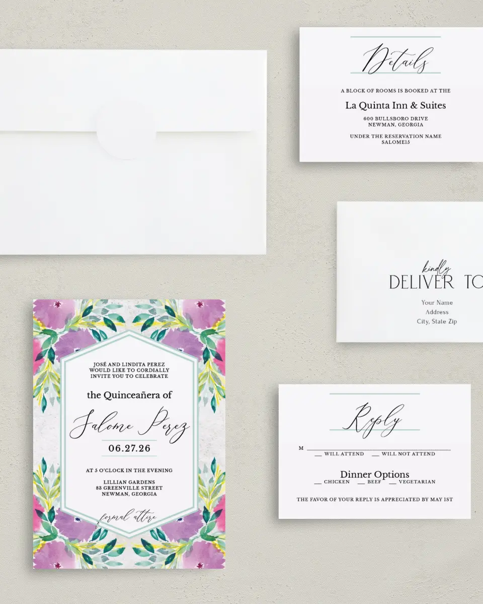 This is a 5" x 7" Quinceanera Invitation called Watercolor Wow printed in full color with Silver foil on Luxe Satin (coated) paper