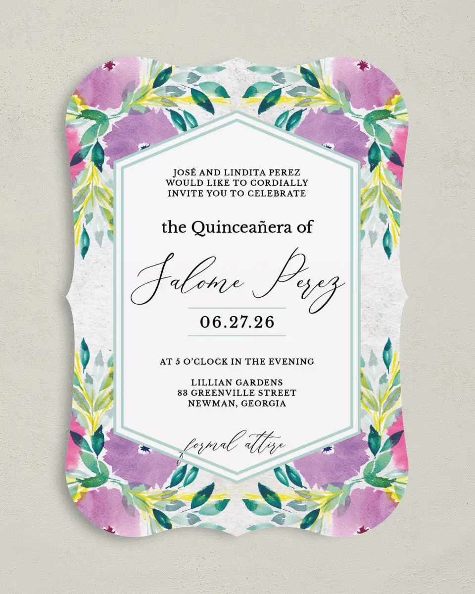 This is a 5" x 7" Quinceanera Invitation called Watercolor Wow printed in full color on Premium Smooth paper