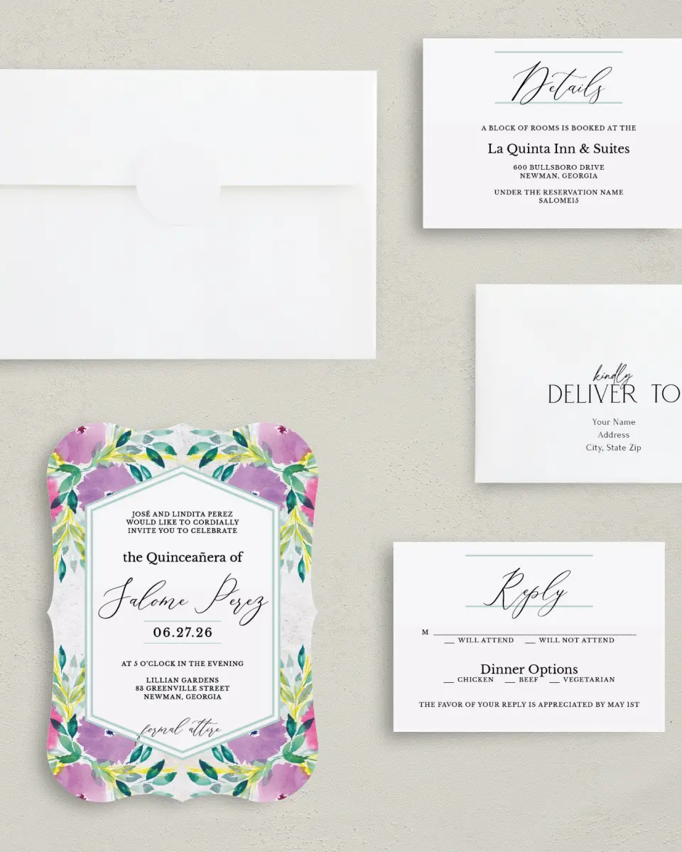 This is a 5" x 7" Quinceanera Invitation called Watercolor Wow printed in full color with Silver foil on Luxe Satin (coated) paper