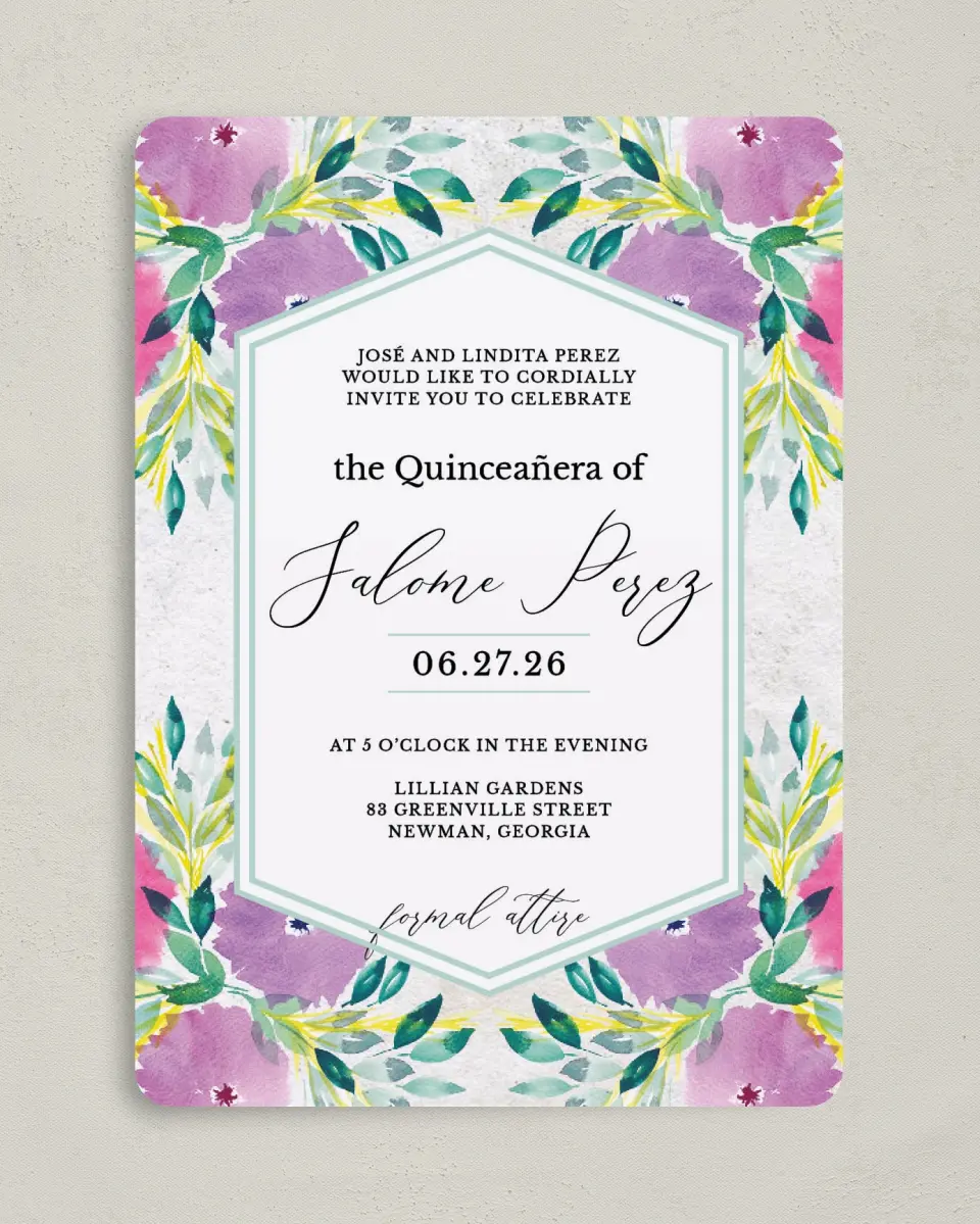 This is a 5" x 7" Quinceanera Invitation called Watercolor Wow printed in full color on Premium Smooth paper