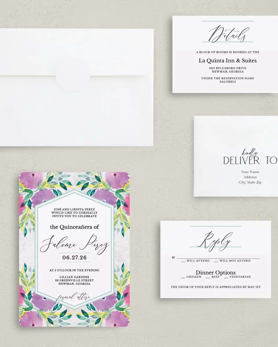 This is a 5" x 7" Quinceanera Invitation called Watercolor Wow printed in full color with Silver foil on Luxe Satin (coated) paper