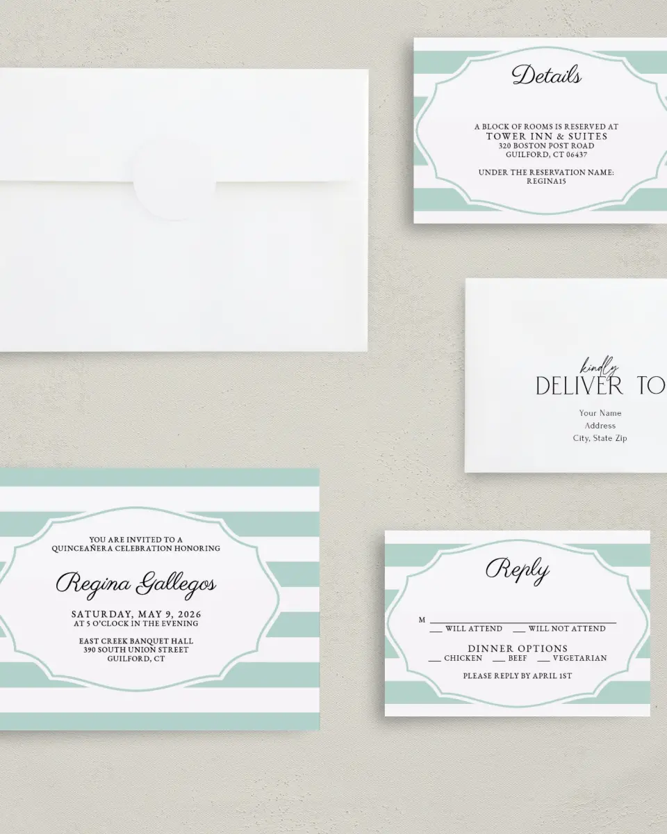 This is a 5" x 7" Quinceanera Invitation called Stripe Devotion printed in full color on Premium Smooth paper