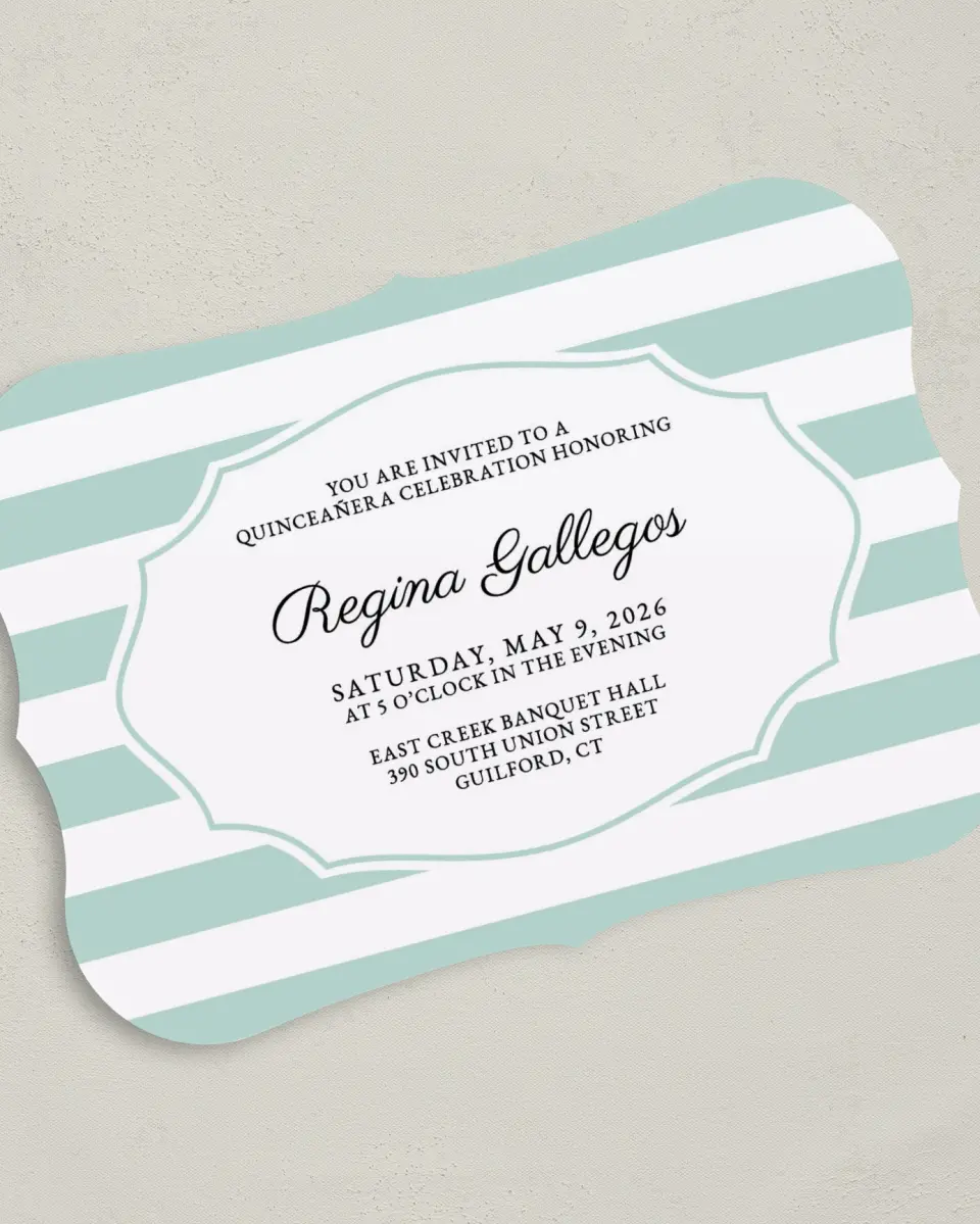 This is a 5" x 7" Quinceanera Invitation called Stripe Devotion printed in full color on Premium Smooth paper
