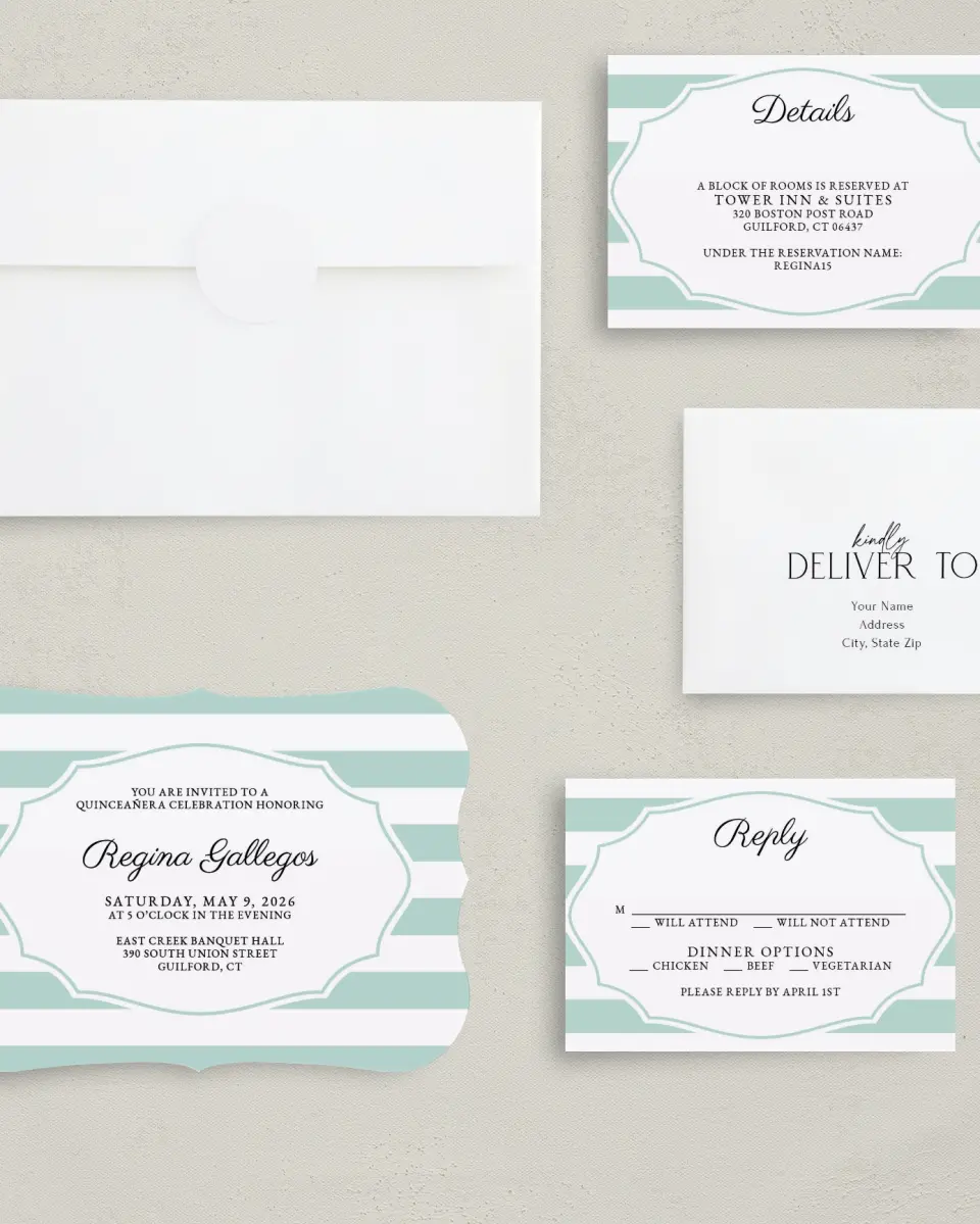 This is a 5" x 7" Quinceanera Invitation called Stripe Devotion printed in full color with Silver foil on Luxe Satin (coated) paper