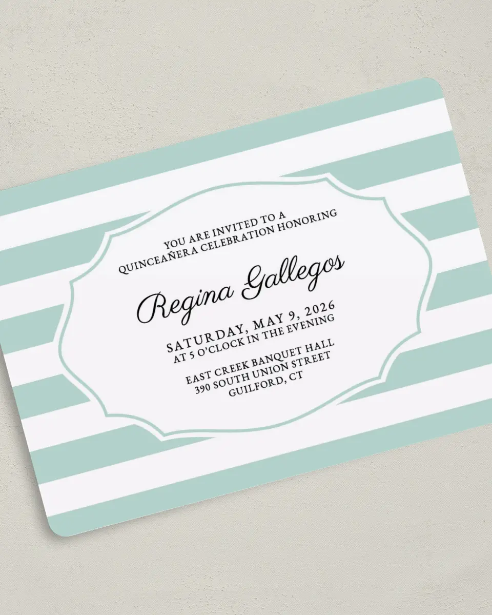 This is a 5" x 7" Quinceanera Invitation called Stripe Devotion printed in full color on Premium Smooth paper