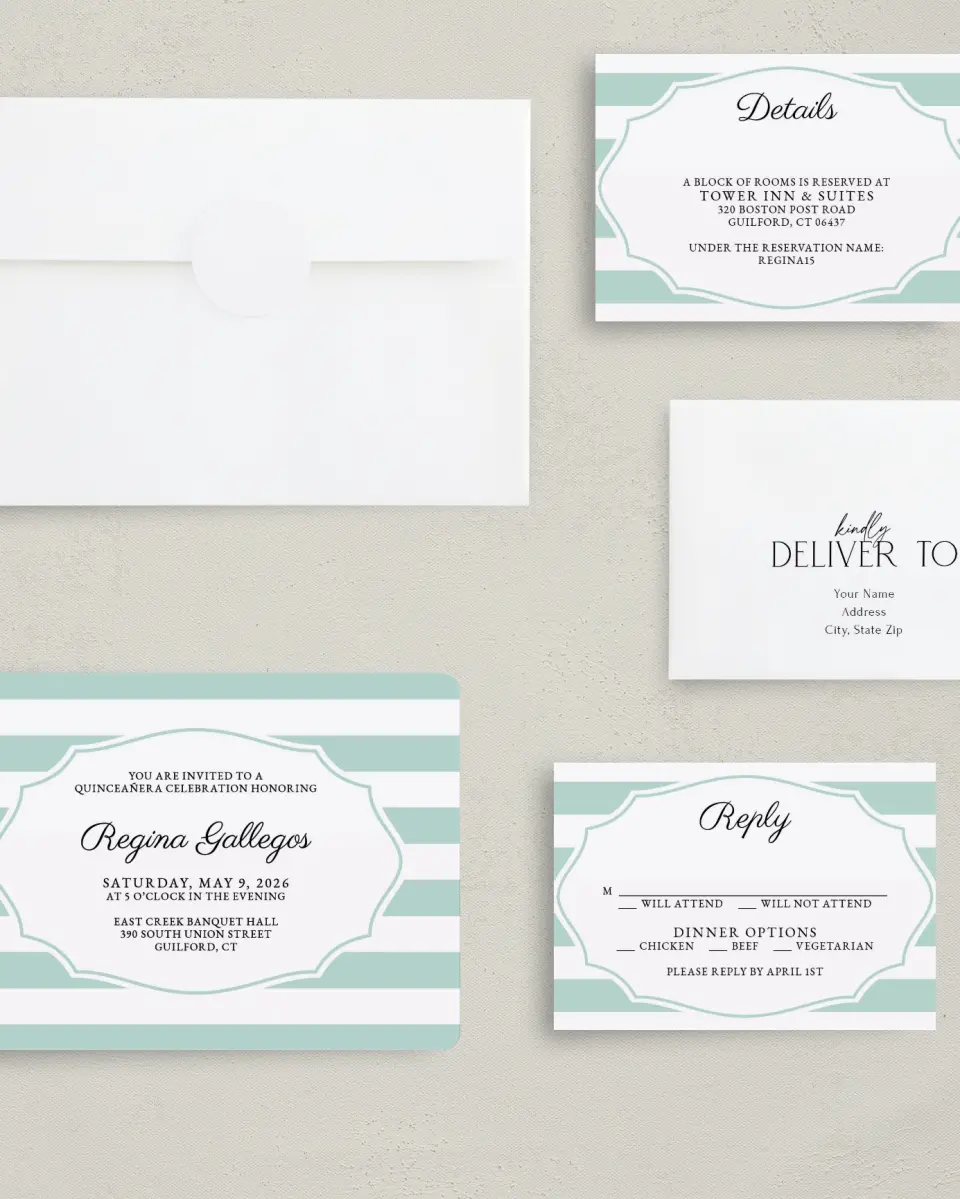 This is a 5" x 7" Quinceanera Invitation called Stripe Devotion printed in full color on Premium Smooth paper