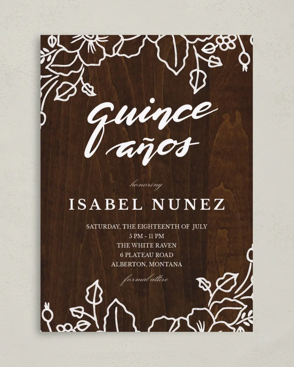 This is a 5" x 7" Quinceanera Invitation called Etched printed in full color on Premium Smooth paper