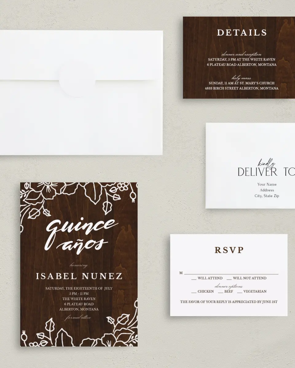 This is a 5" x 7" Quinceanera Invitation called Etched printed in full color with Silver foil on Luxe Satin (coated) paper