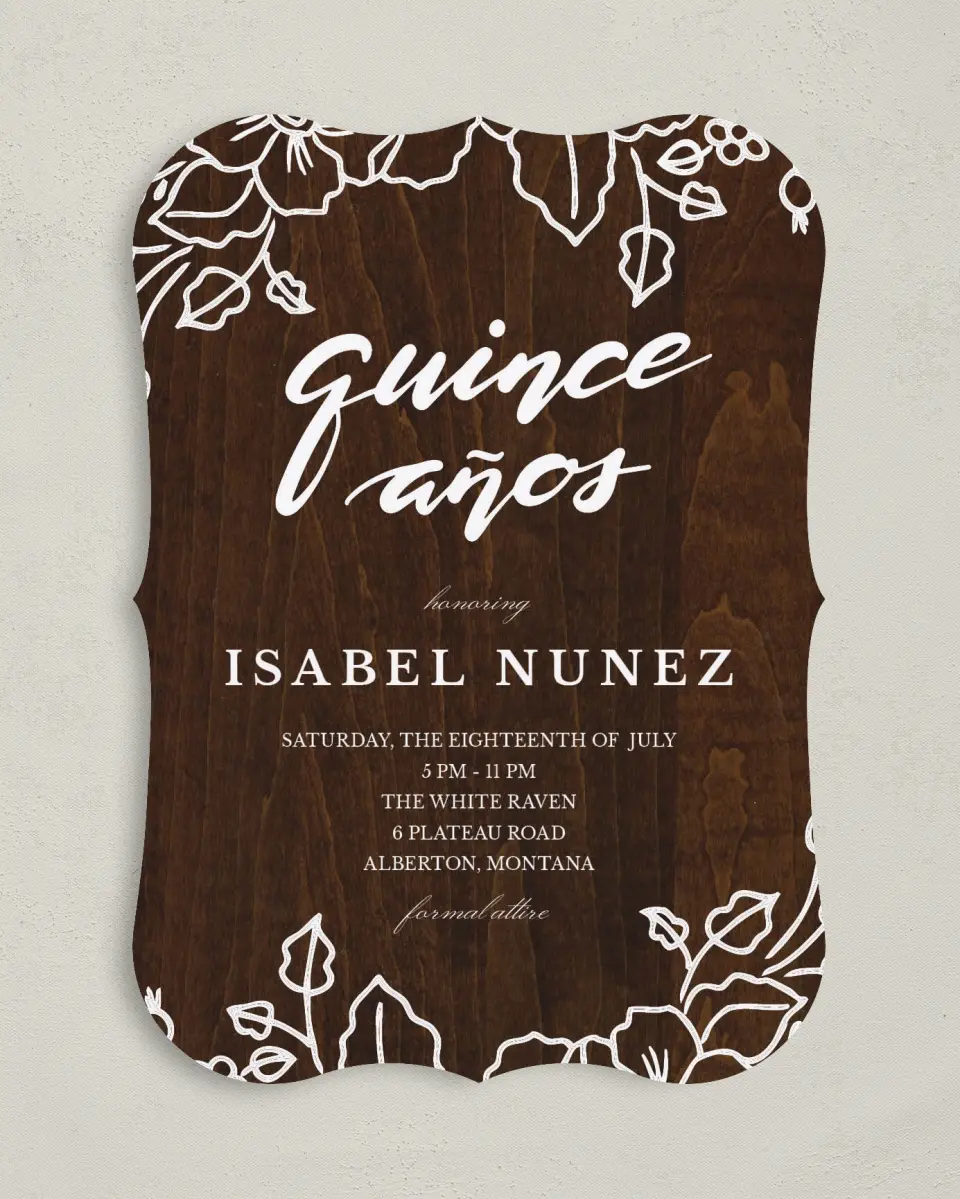 This is a 5" x 7" Quinceanera Invitation called Etched printed in full color on Premium Smooth paper