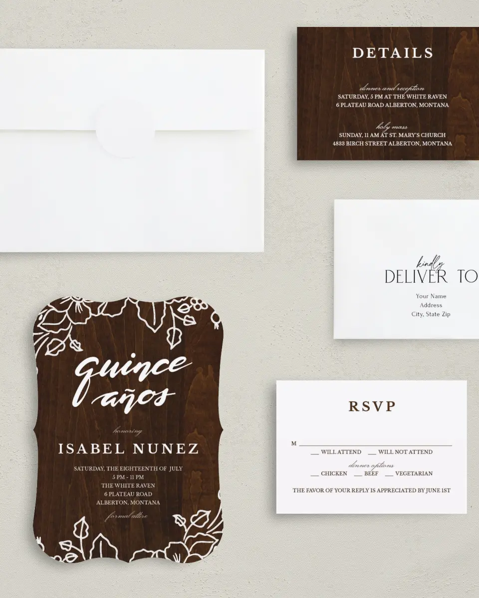 This is a 5" x 7" Quinceanera Invitation called Etched printed in full color with Silver foil on Luxe Satin (coated) paper