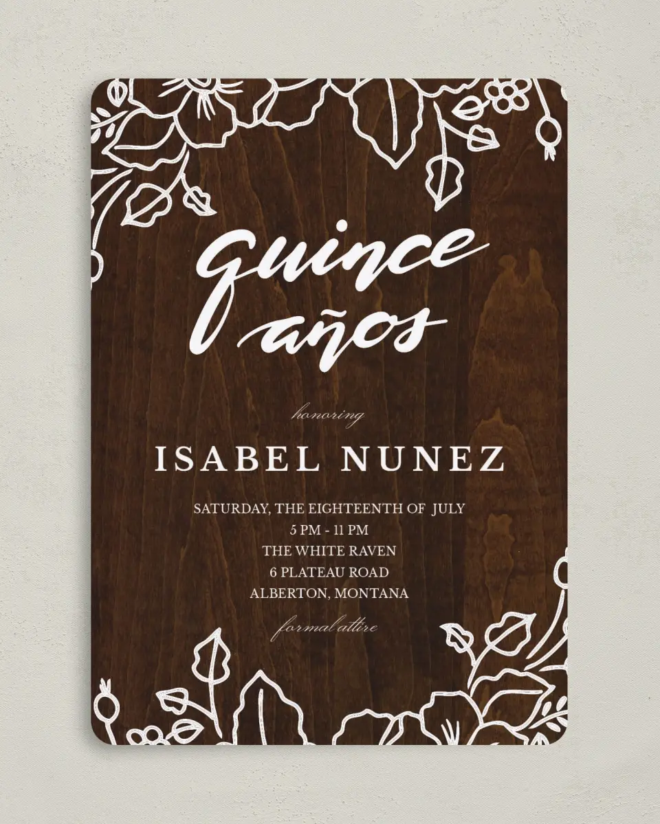 This is a 5" x 7" Quinceanera Invitation called Etched printed in full color on Premium Smooth paper