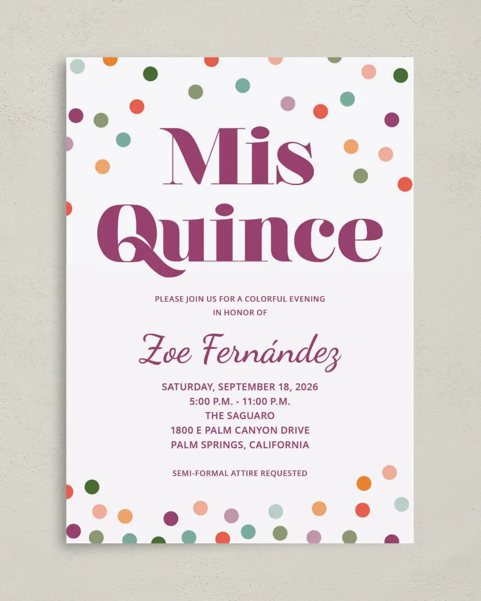 This is a 5" x 7" Quinceanera Invitation called Radiant Dots printed in full color on Premium Smooth paper