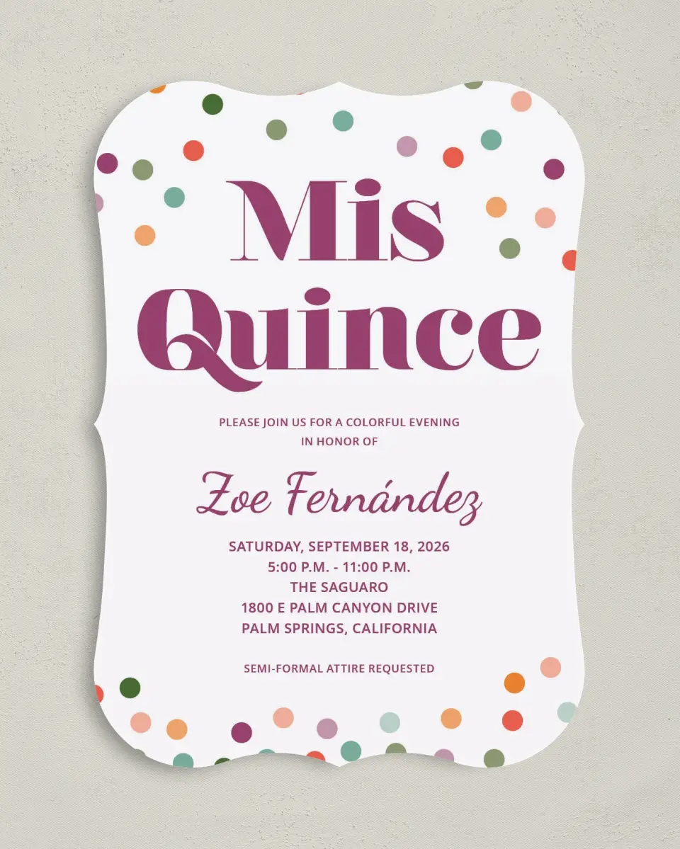 This is a 5" x 7" Quinceanera Invitation called Radiant Dots printed in full color on Premium Smooth paper