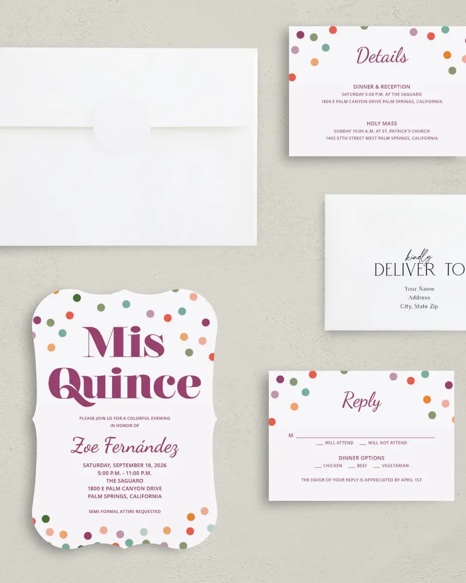 This is a 5" x 7" Quinceanera Invitation called Radiant Dots printed in full color with Silver foil on Luxe Satin (coated) paper