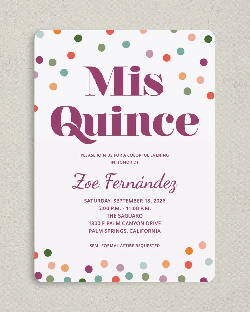 This is a 5" x 7" Quinceanera Invitation called Radiant Dots printed in full color on Premium Smooth paper
