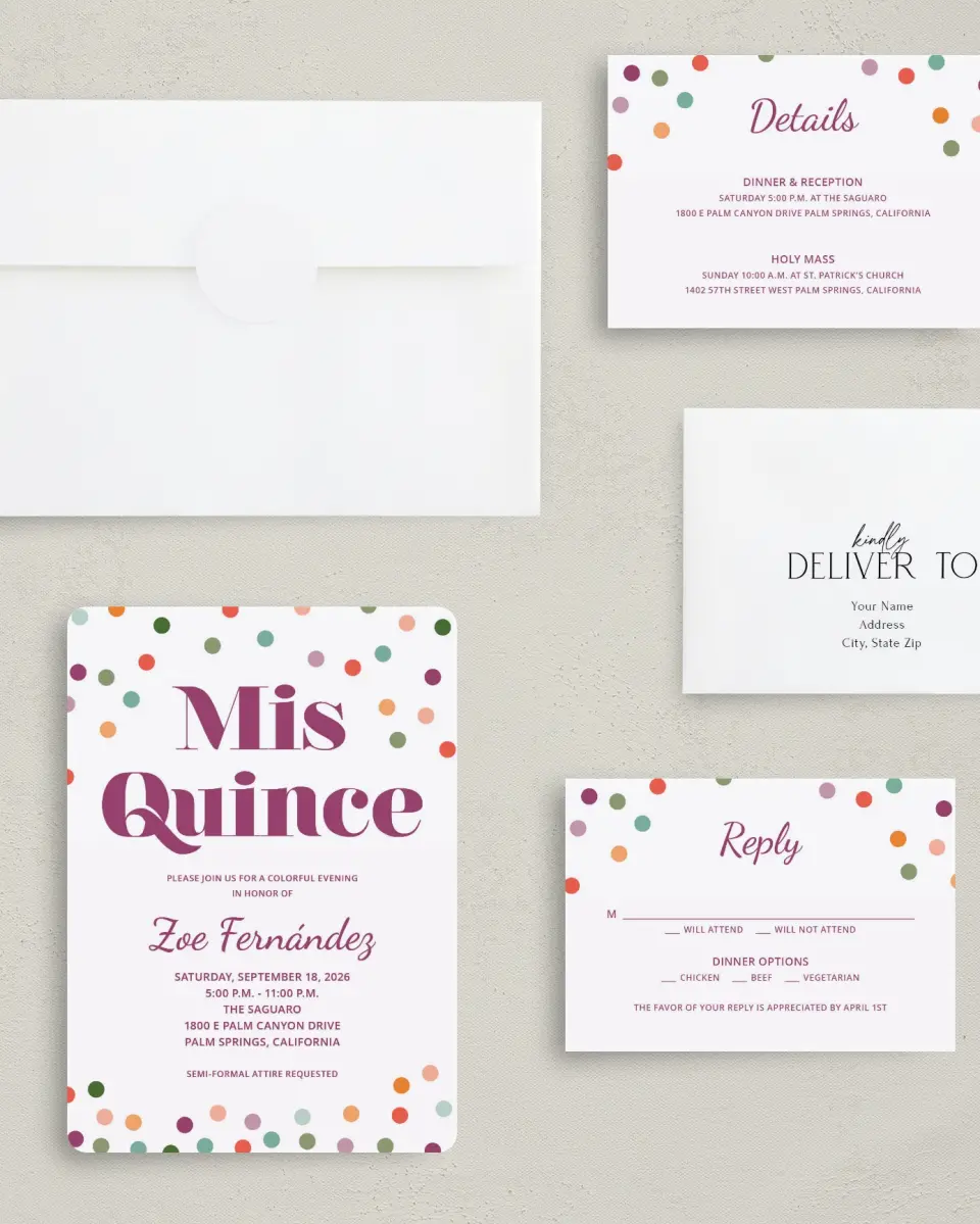 This is a 5" x 7" Quinceanera Invitation called Radiant Dots printed in full color with Silver foil on Luxe Satin (coated) paper