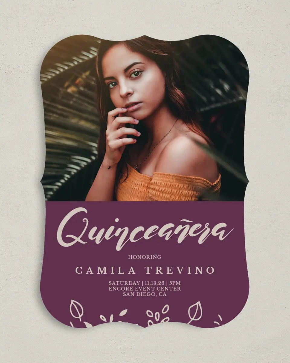 This is a 5" x 7" Quinceanera Invitation called Flora Flourish printed in full color on Premium Smooth paper