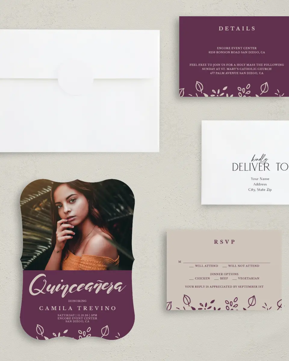 This is a 5" x 7" Quinceanera Invitation called Flora Flourish printed in full color with Silver foil on Luxe Satin (coated) paper