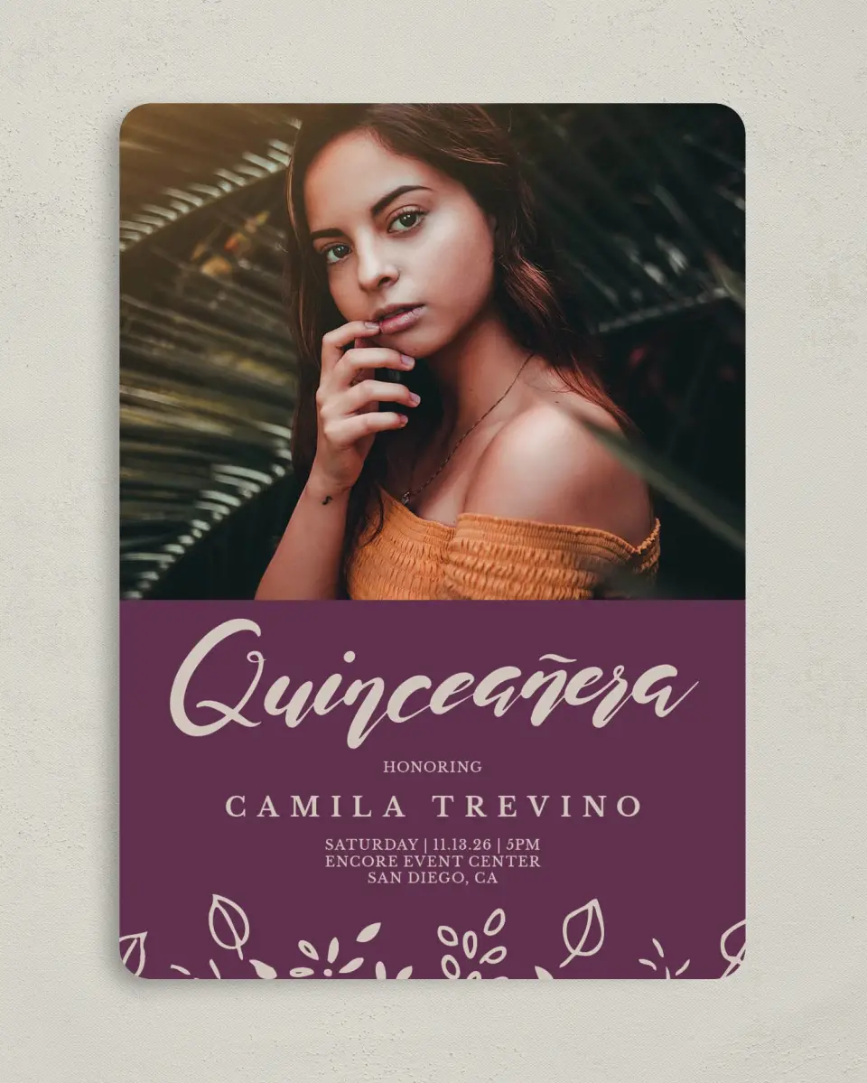 This is a 5" x 7" Quinceanera Invitation called Flora Flourish printed in full color on Premium Smooth paper