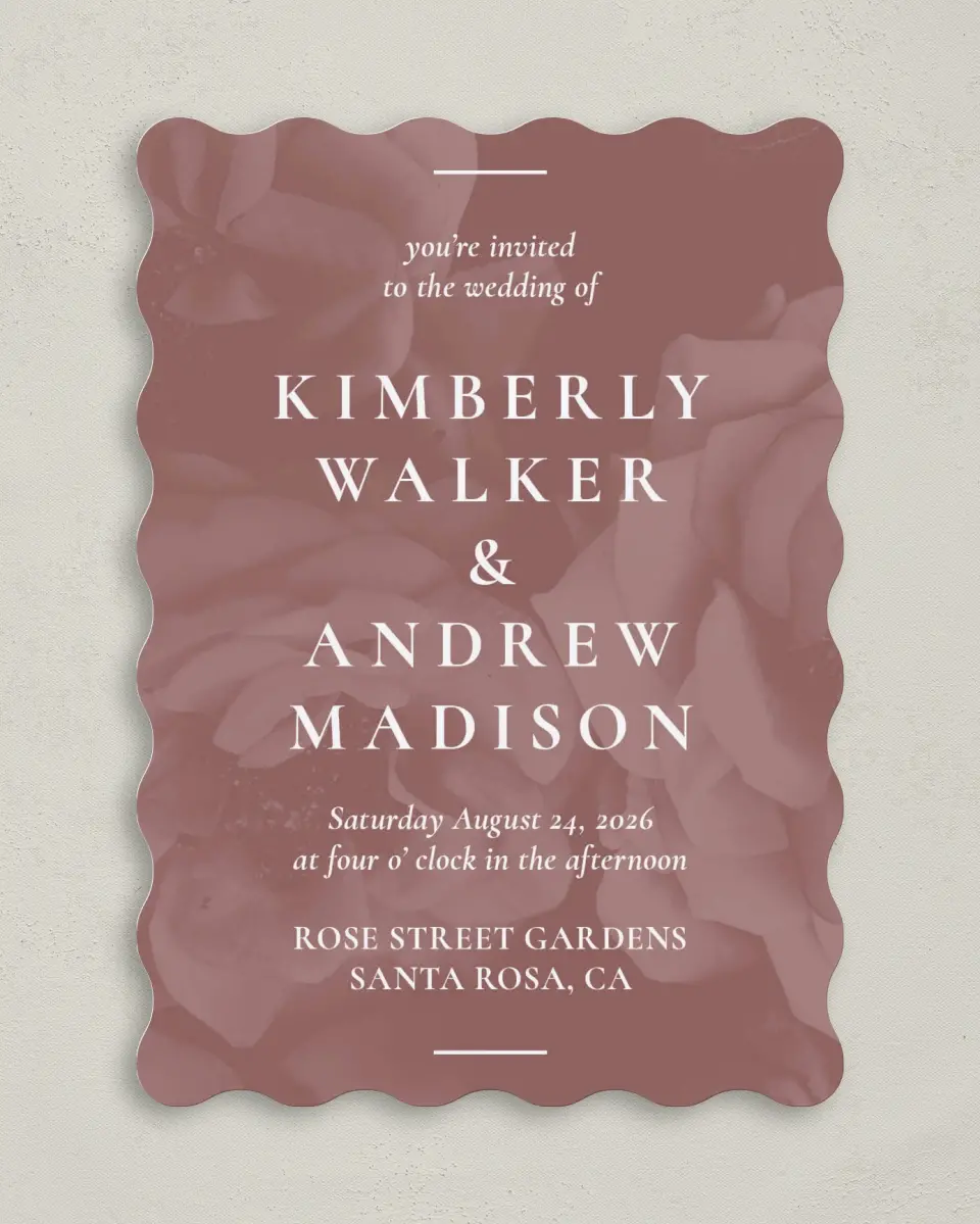 This is a 5" x 7" Wavy Wedding Invitation called Blushing Beauty printed in full color on Premium Smooth paper