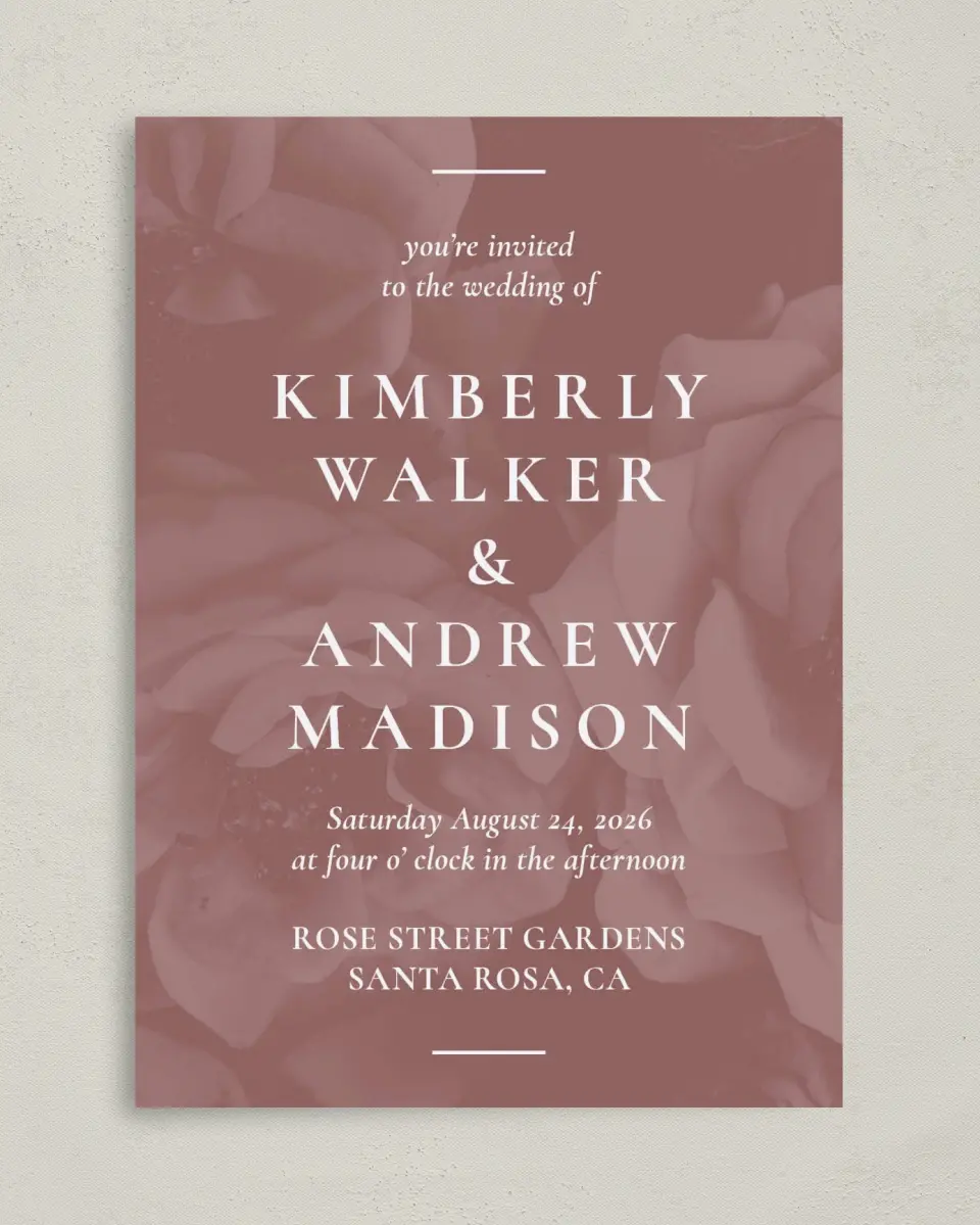 This is a 5" x 7" Classic Wedding Invitation called Blushing Beauty printed in full color on Premium Smooth paper