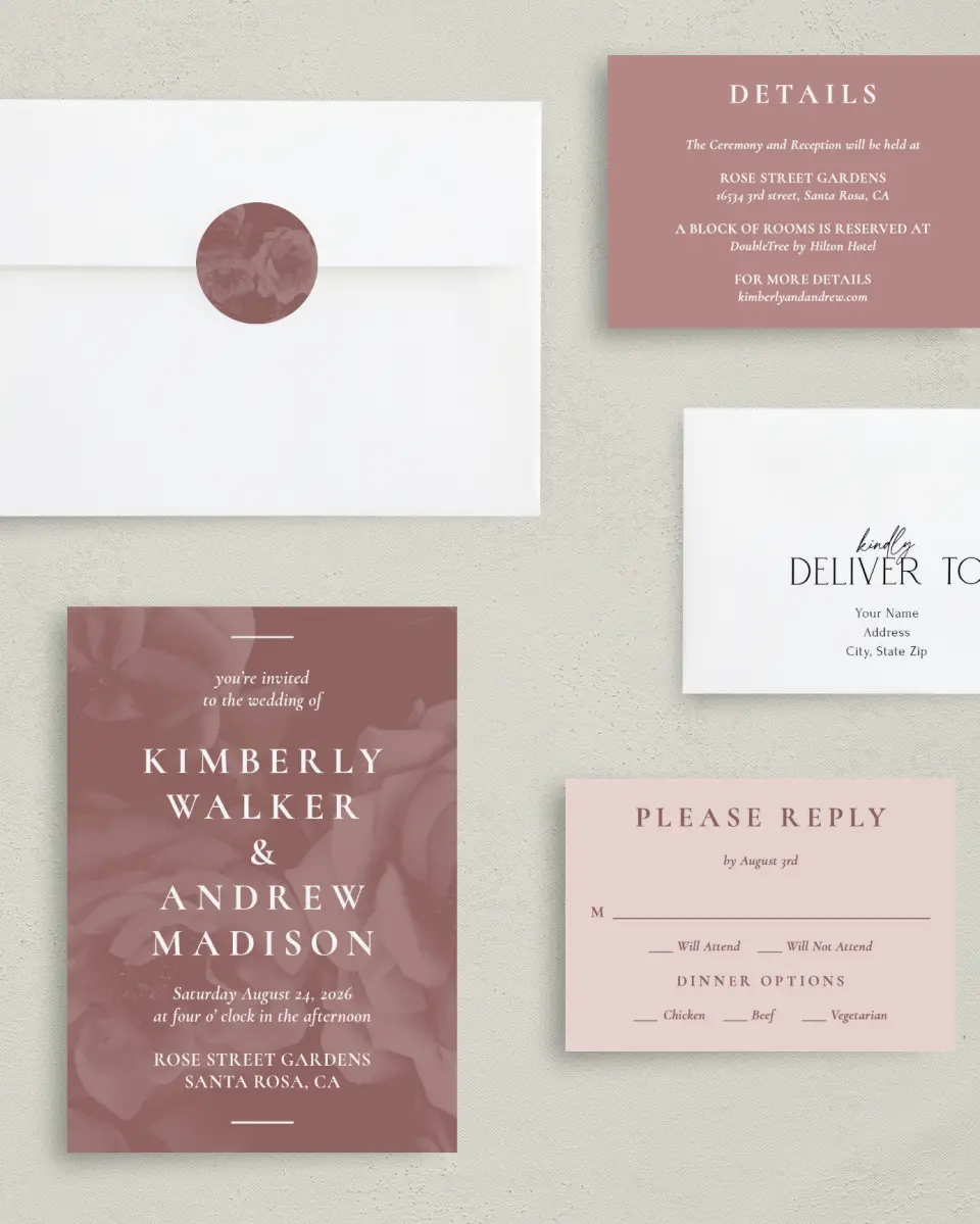This is a 5" x 7" Classic Wedding Invitation called Blushing Beauty printed in full color with Gold foil on Luxe Satin (coated) paper