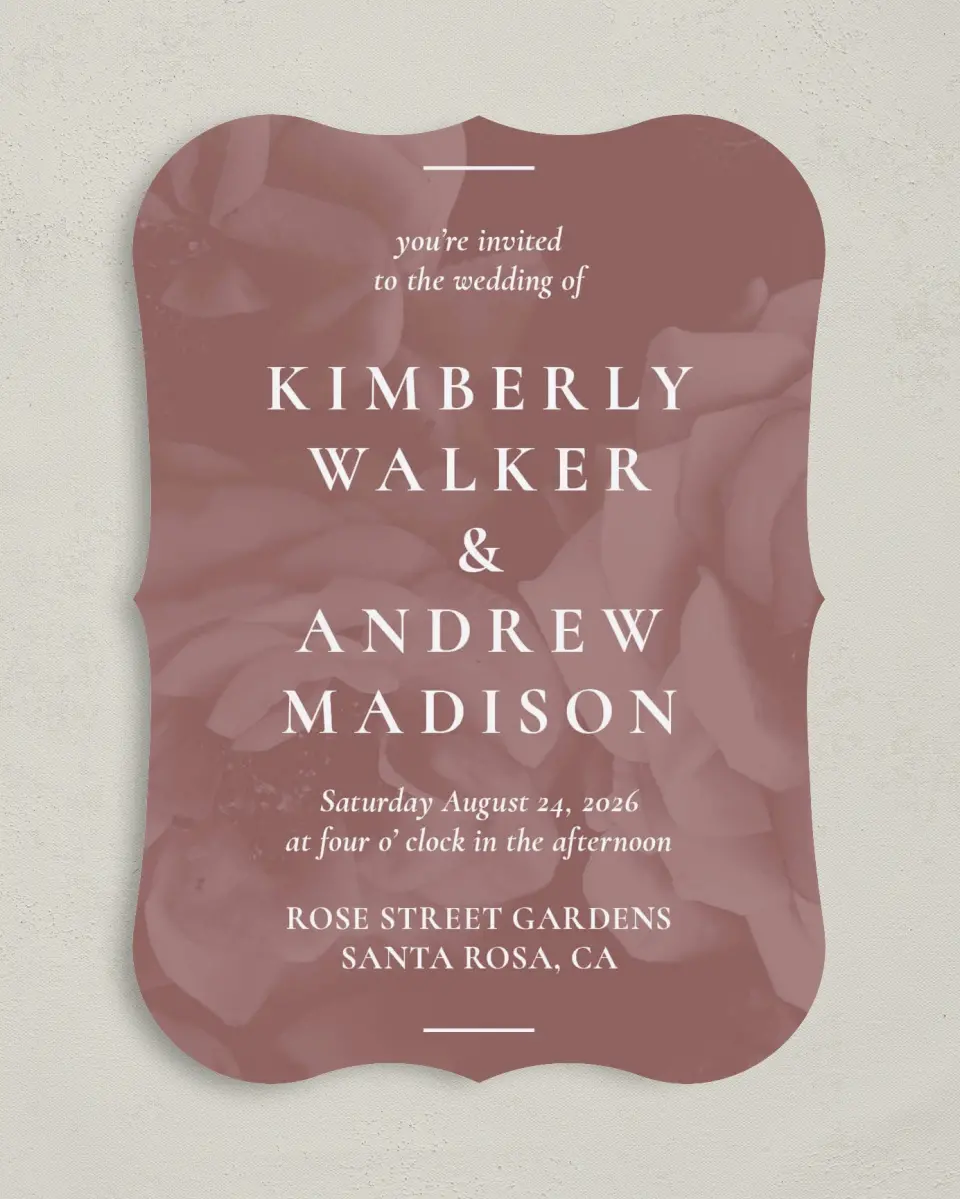 This is a 5" x 7" Bracket Wedding Invitation called Blushing Beauty printed in full color with Silver foil on Luxe Satin (coated) paper