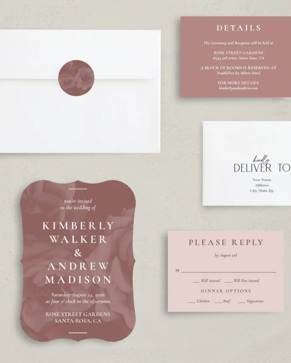 This is a 5" x 7" Bracket Wedding Invitation called Blushing Beauty printed in full color with Silver foil on Luxe Satin (coated) paper