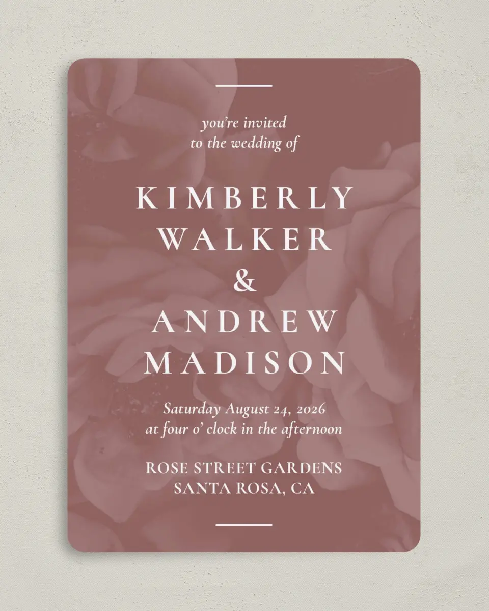 This is a 5" x 7" Rounded Wedding Invitation called Blushing Beauty printed in full color on Premium Smooth paper