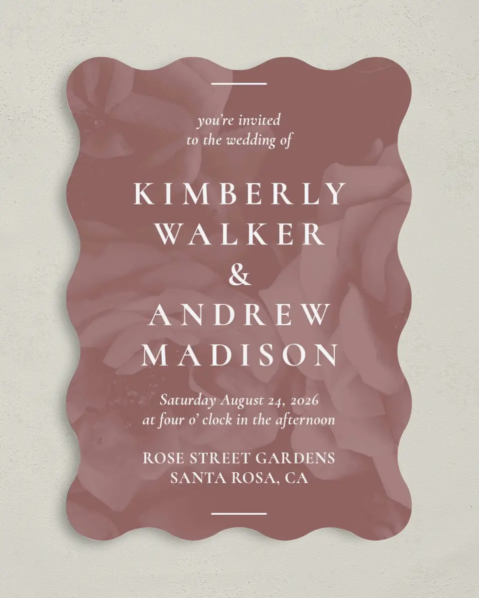 This is a 5" x 7" Wavy Wedding Invitation called Blushing Beauty printed in full color on Premium Smooth paper