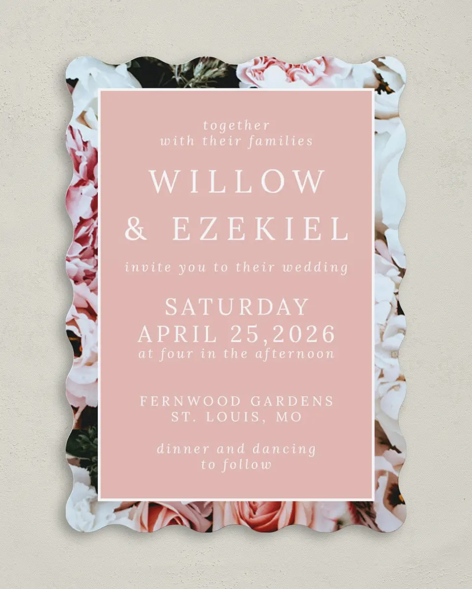 This is a 5" x 7" Wavy Wedding Invitation called Fantasia Garden printed in full color on Premium Smooth paper