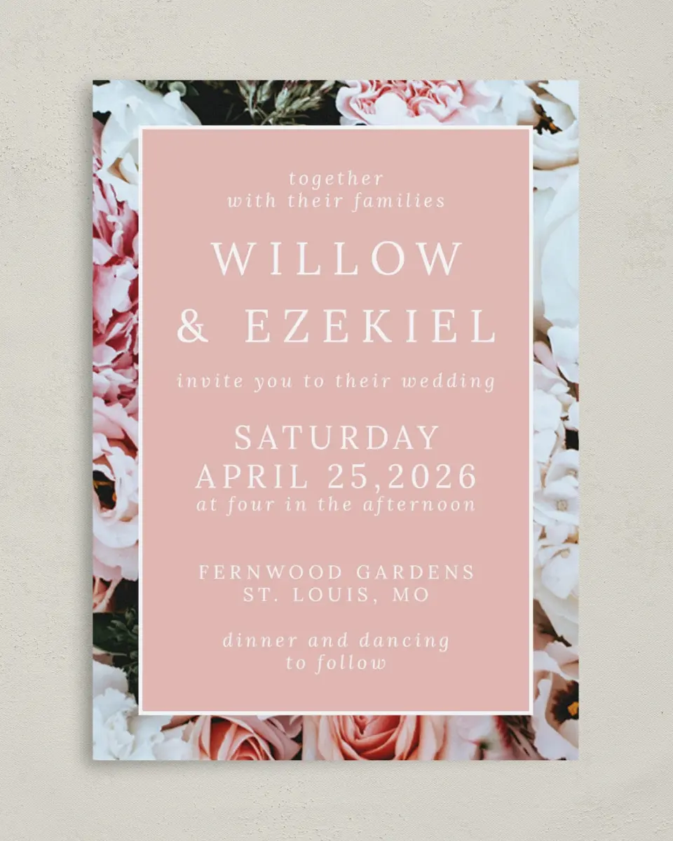 This is a 5" x 7" Classic Wedding Invitation called Fantasia Garden printed in full color on Premium Smooth paper