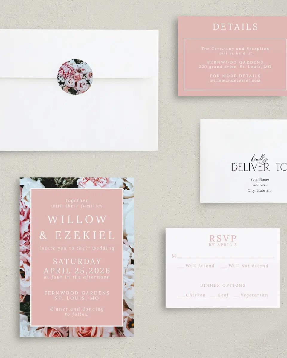 This is a 5" x 7" Classic Wedding Invitation called Fantasia Garden printed in full color with Gold foil on Luxe Satin (coated) paper