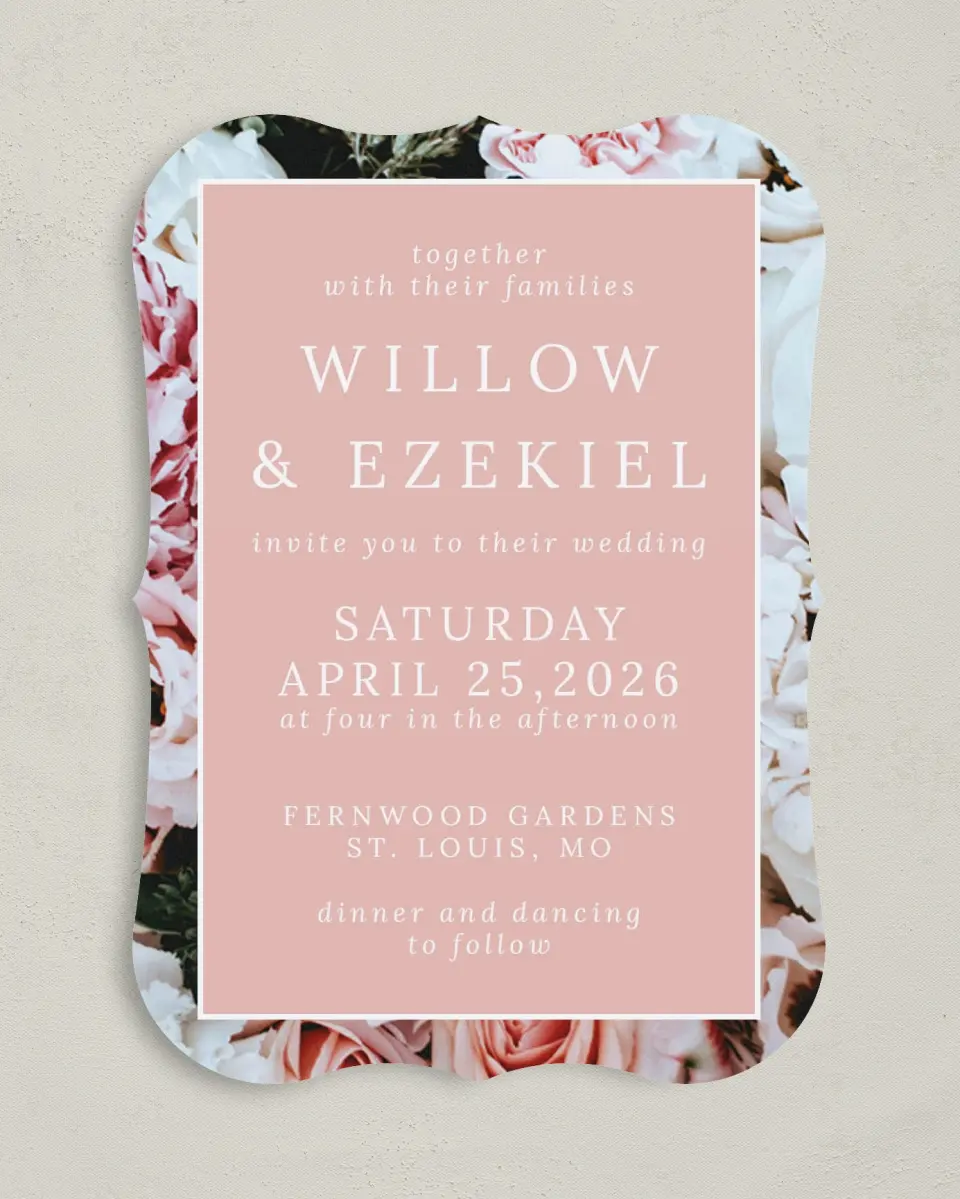 This is a 5" x 7" Bracket Wedding Invitation called Fantasia Garden printed in full color with Silver foil on Luxe Satin (coated) paper