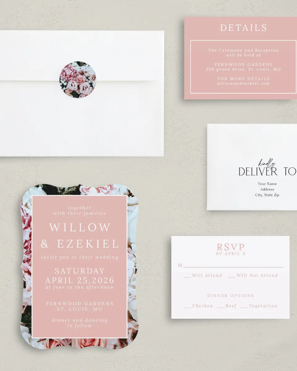 This is a 5" x 7" Bracket Wedding Invitation called Fantasia Garden printed in full color with Silver foil on Luxe Satin (coated) paper