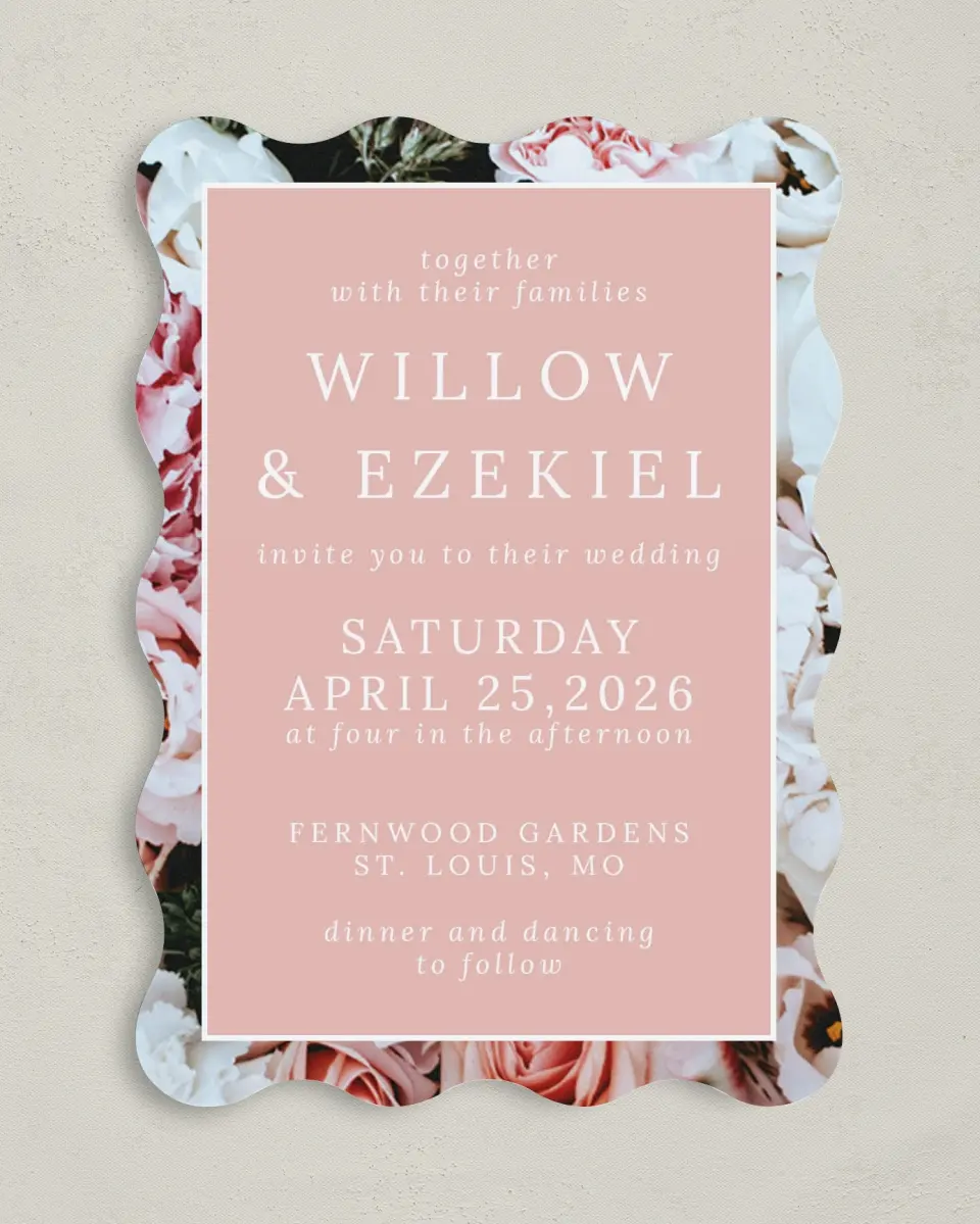 This is a 5" x 7" Wavy Wedding Invitation called Fantasia Garden printed in full color on Premium Smooth paper