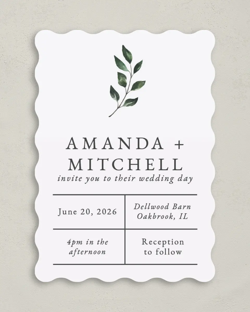 This is a 5" x 7" Wavy Wedding Invitation called Sprinkled Sprig printed in full color on Premium Smooth paper