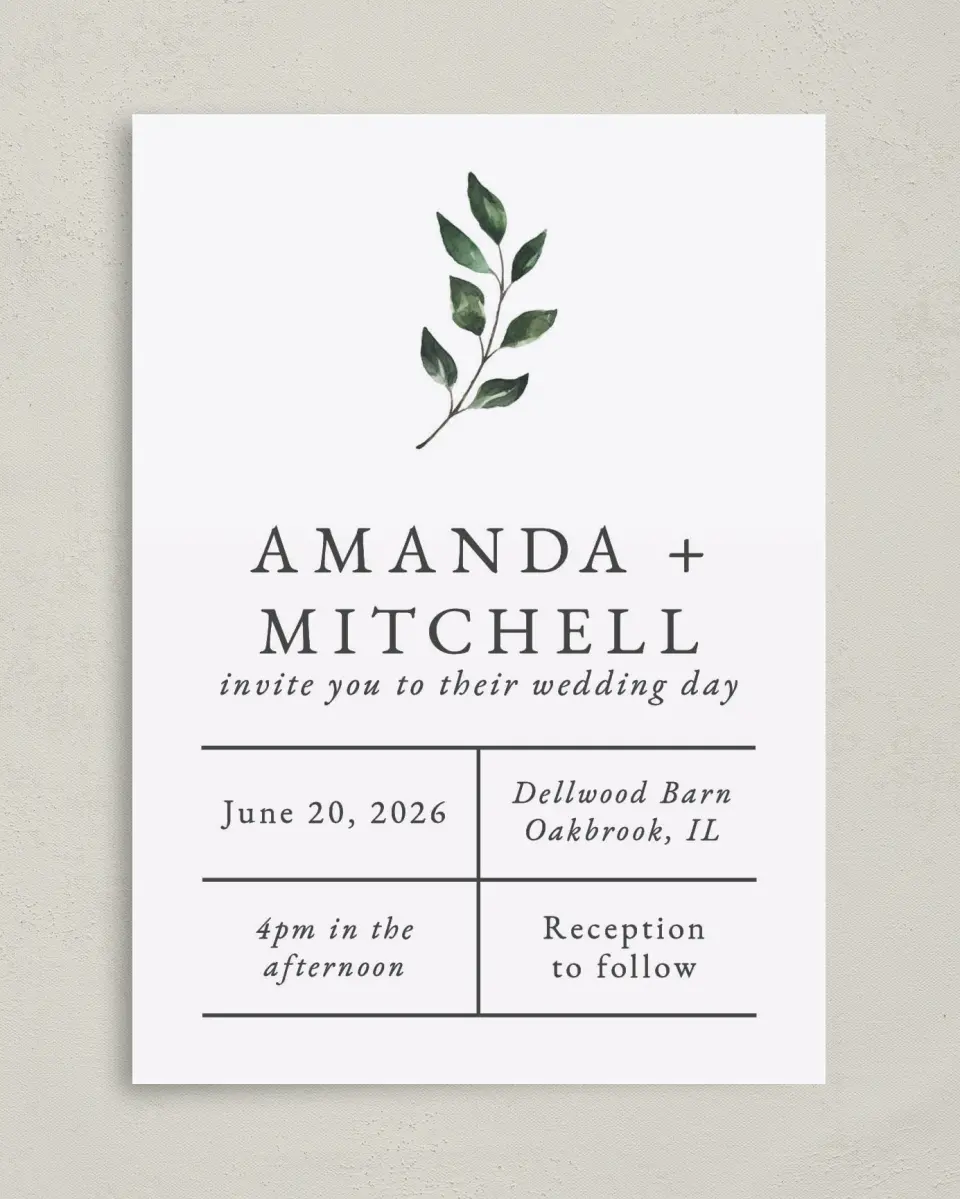 This is a 5" x 7" Classic Wedding Invitation called Sprinkled Sprig printed in full color on Premium Smooth paper