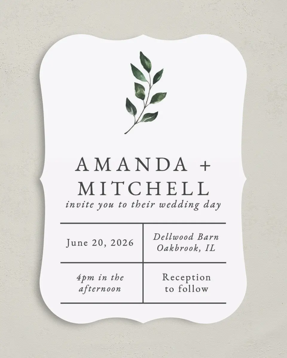 This is a 5" x 7" Bracket Wedding Invitation called Sprinkled Sprig printed in full color on Premium Smooth paper