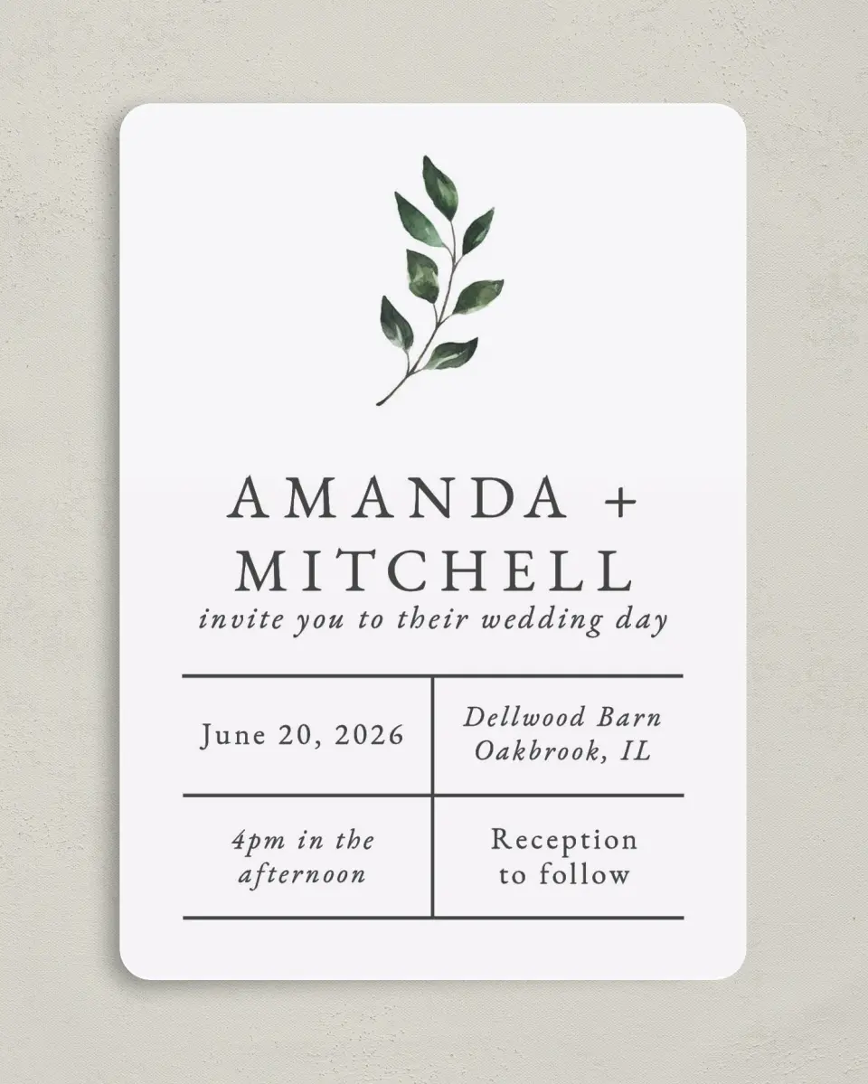 This is a 5" x 7" Rounded Wedding Invitation called Sprinkled Sprig printed in full color on Premium Smooth paper