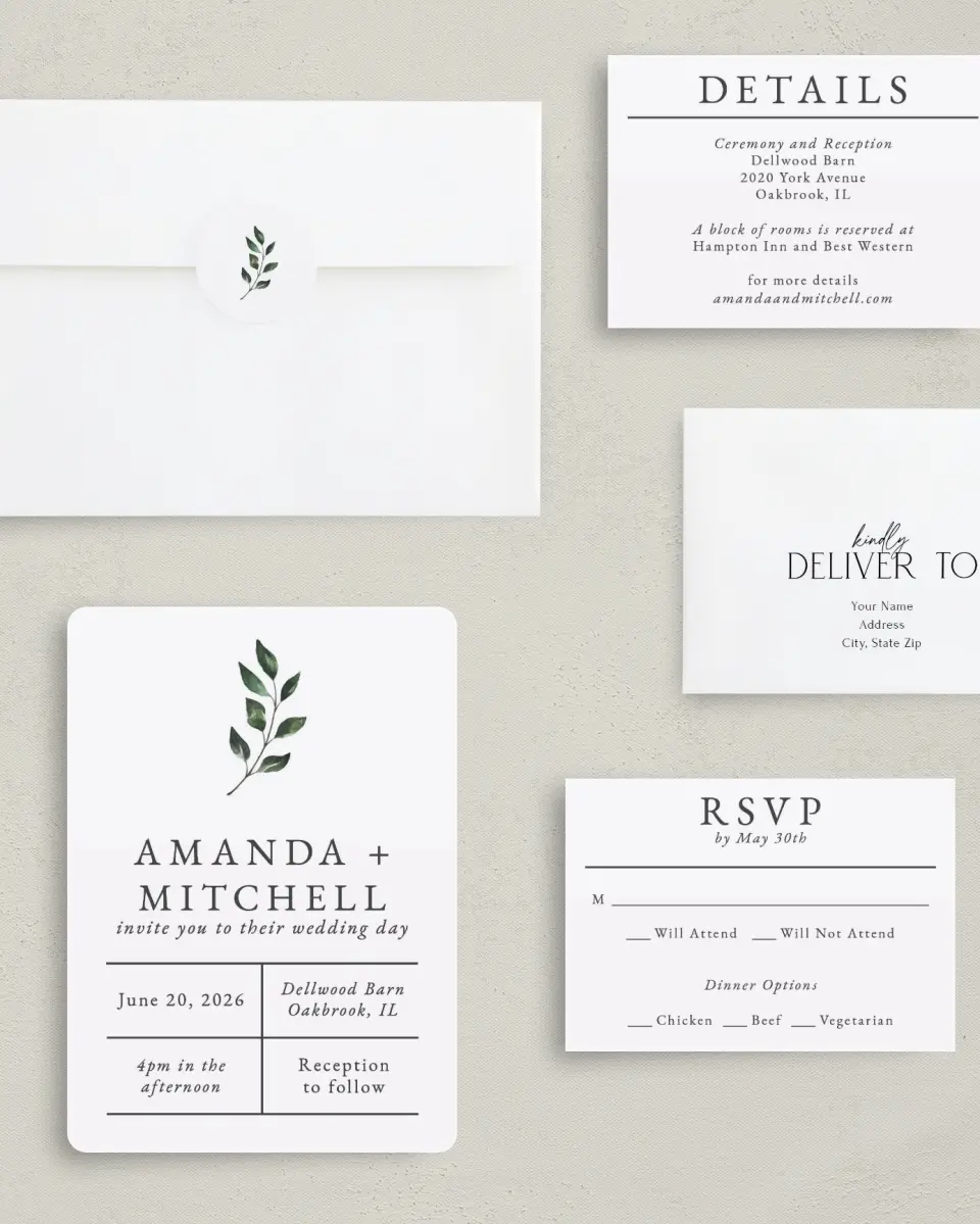 This is a 5" x 7" Rounded Wedding Invitation called Sprinkled Sprig printed in full color with Gold foil on Luxe Satin (coated) paper
