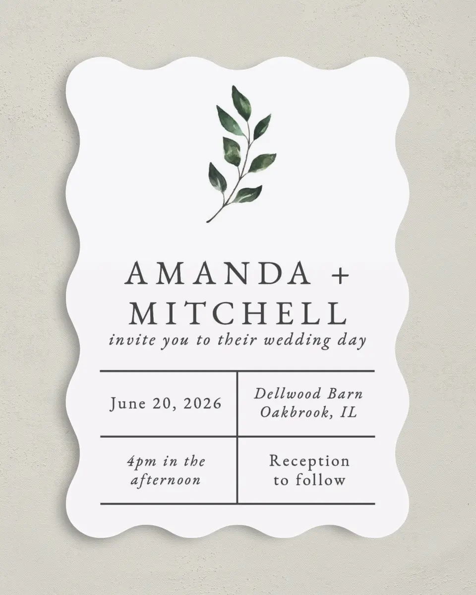 This is a 5" x 7" Wavy Wedding Invitation called Sprinkled Sprig printed in full color on Premium Smooth paper