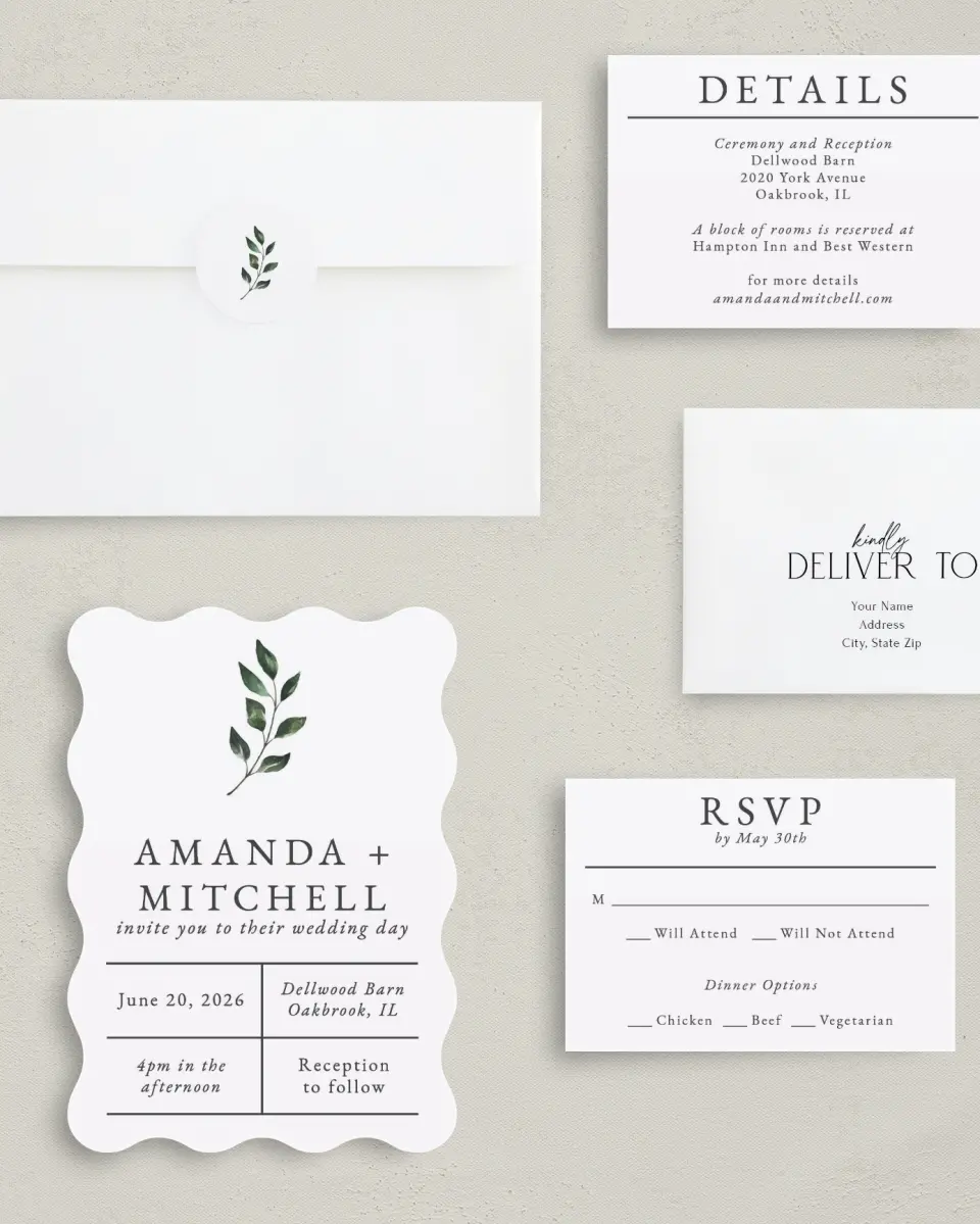 This is a 5" x 7" Wavy Wedding Invitation called Sprinkled Sprig printed in full color with Silver foil on Luxe Satin (coated) paper