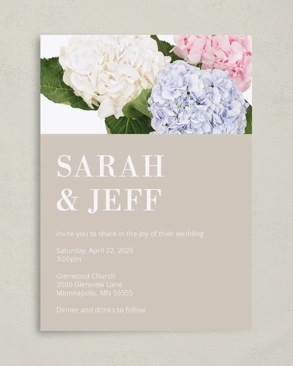 This is a 5" x 7" Classic Wedding Invitation called Antique Hydrangea printed in full color on Premium Smooth paper