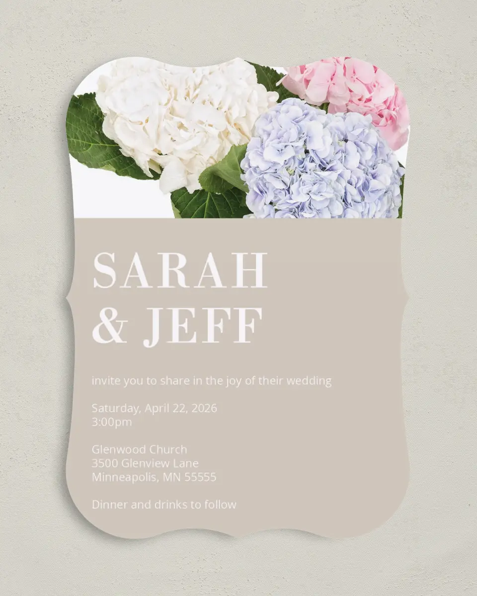 This is a 5" x 7" Bracket Wedding Invitation called Antique Hydrangea printed in full color on Premium Smooth paper