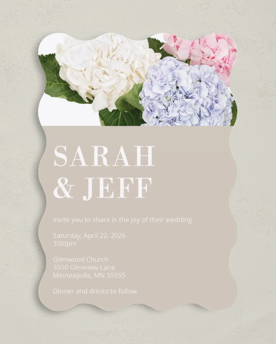 This is a 5" x 7" Wavy Wedding Invitation called Antique Hydrangea printed in full color on Premium Smooth paper