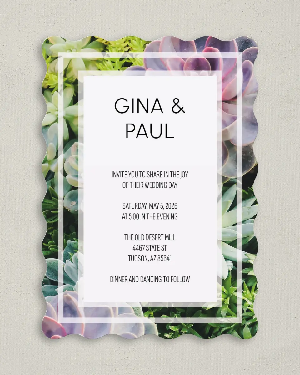 This is a 5" x 7" Wavy Wedding Invitation called Sophisticated Succulents printed in full color on Premium Smooth paper