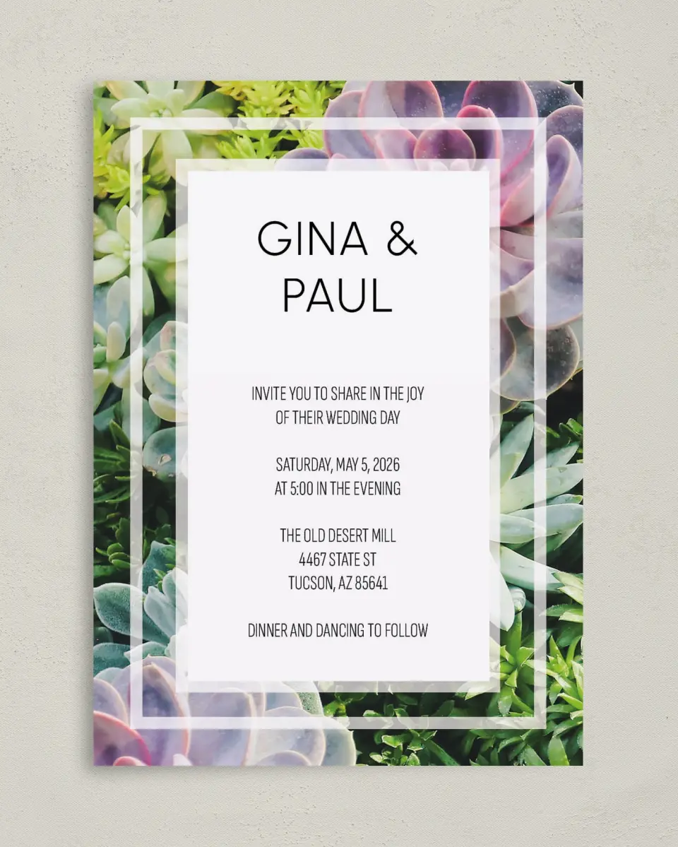 This is a 5" x 7" Classic Wedding Invitation called Sophisticated Succulents printed in full color on Premium Smooth paper