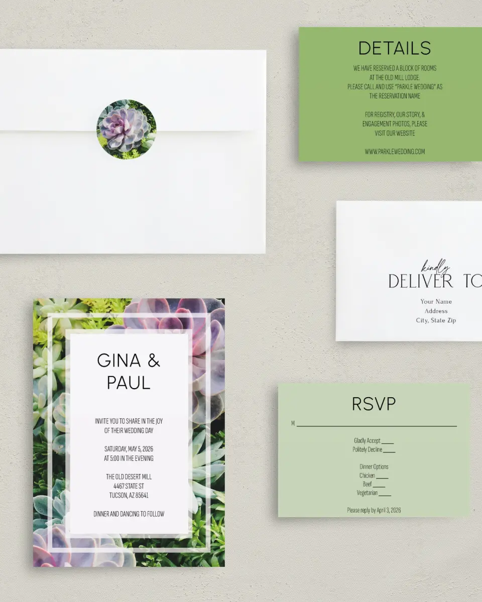 This is a 5" x 7" Classic Wedding Invitation called Sophisticated Succulents printed in full color on Premium Smooth paper